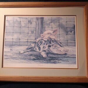 Vintage Picture of Pigs Laying down Sleeping Margaret M. Michel Signed 20 x 16